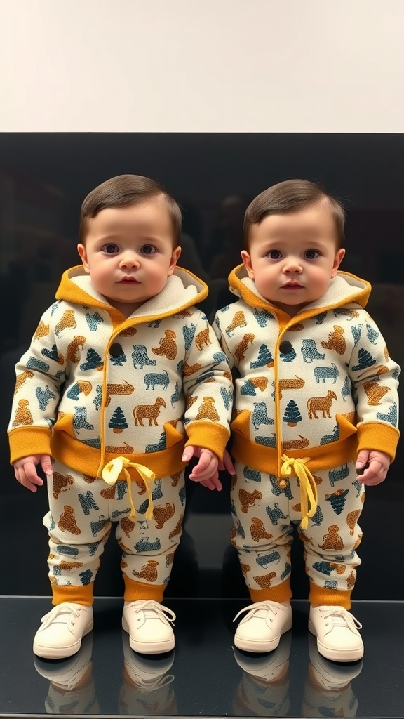 Two twin baby boys wearing matching hooded outfits with animal prints.