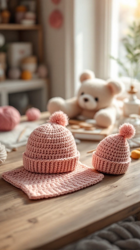 Crochet baby hat and doll hat set with matching blanket