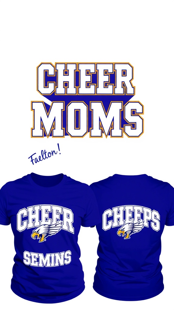 Matching blue cheer mom shirts with white lettering and an eagle graphic