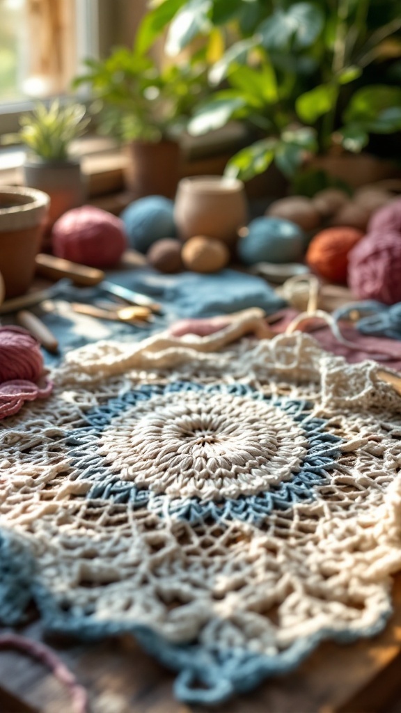 A cozy crochet workspace with colorful yarns and a crocheted piece.