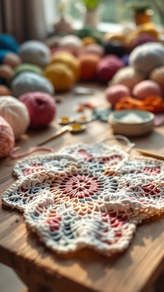Colorful yarn balls and crochet tools on a wooden table