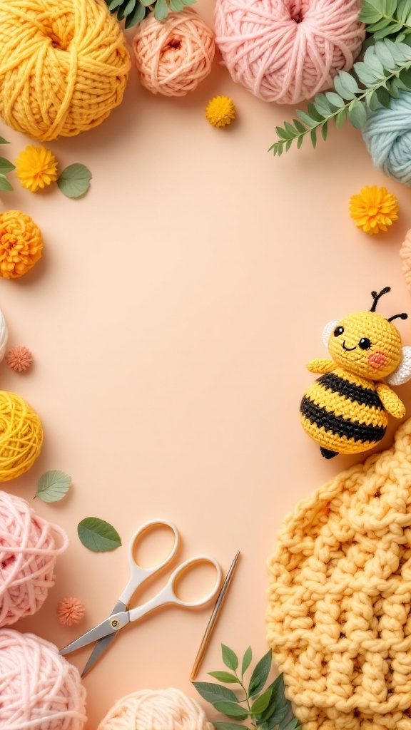 Materials for making a crochet bee including yarn, scissors, and a finished crochet bee