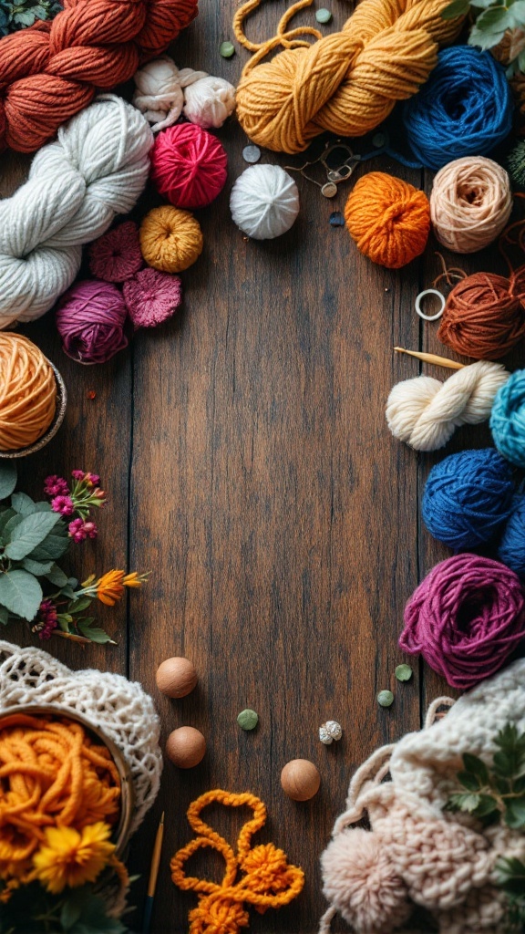 A variety of colorful yarns and crafting materials arranged on a wooden surface, ideal for crochet projects.