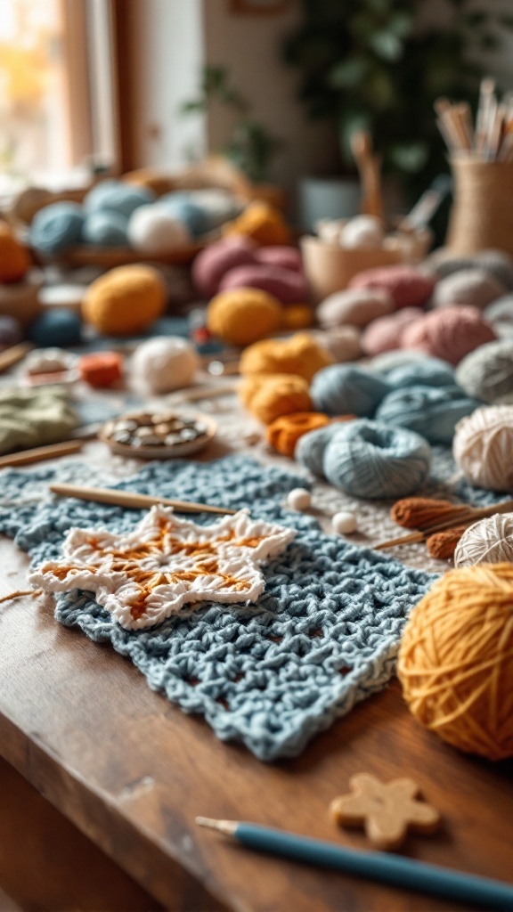 A workspace with various colorful yarns and crochet tools, ideal for making crochet dinosaurs.