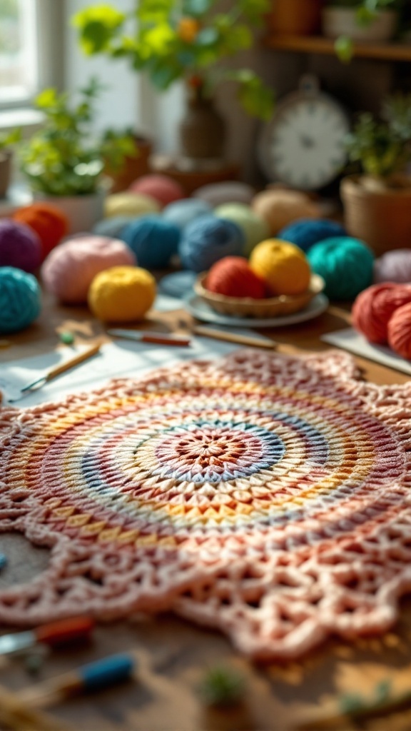 Colorful yarn balls and a crocheted circular piece on a crafting table