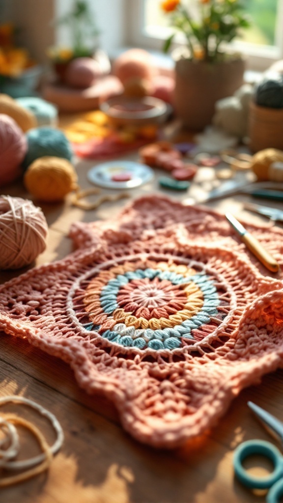 Colorful crochet materials including yarn, tools, and a crochet jellyfish pattern on a wooden table