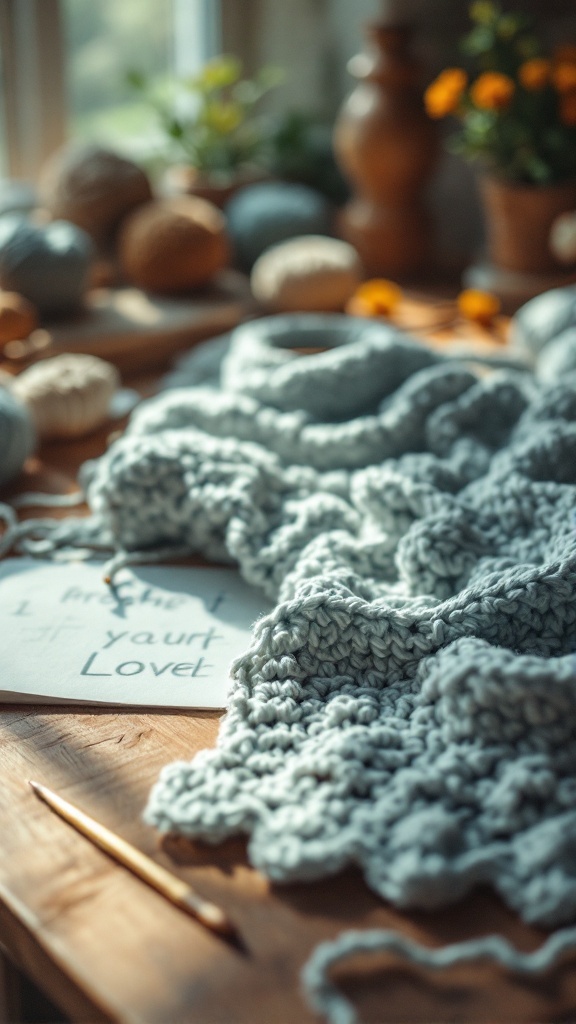 Crochet materials including yarn, a crochet hook, and a pattern for a ghost.