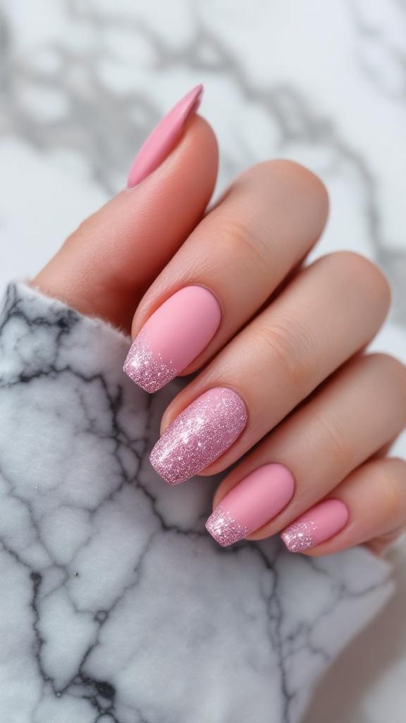 Close-up of hands with pink matte nails featuring glitter tips, wearing rings, resting on a marble surface.