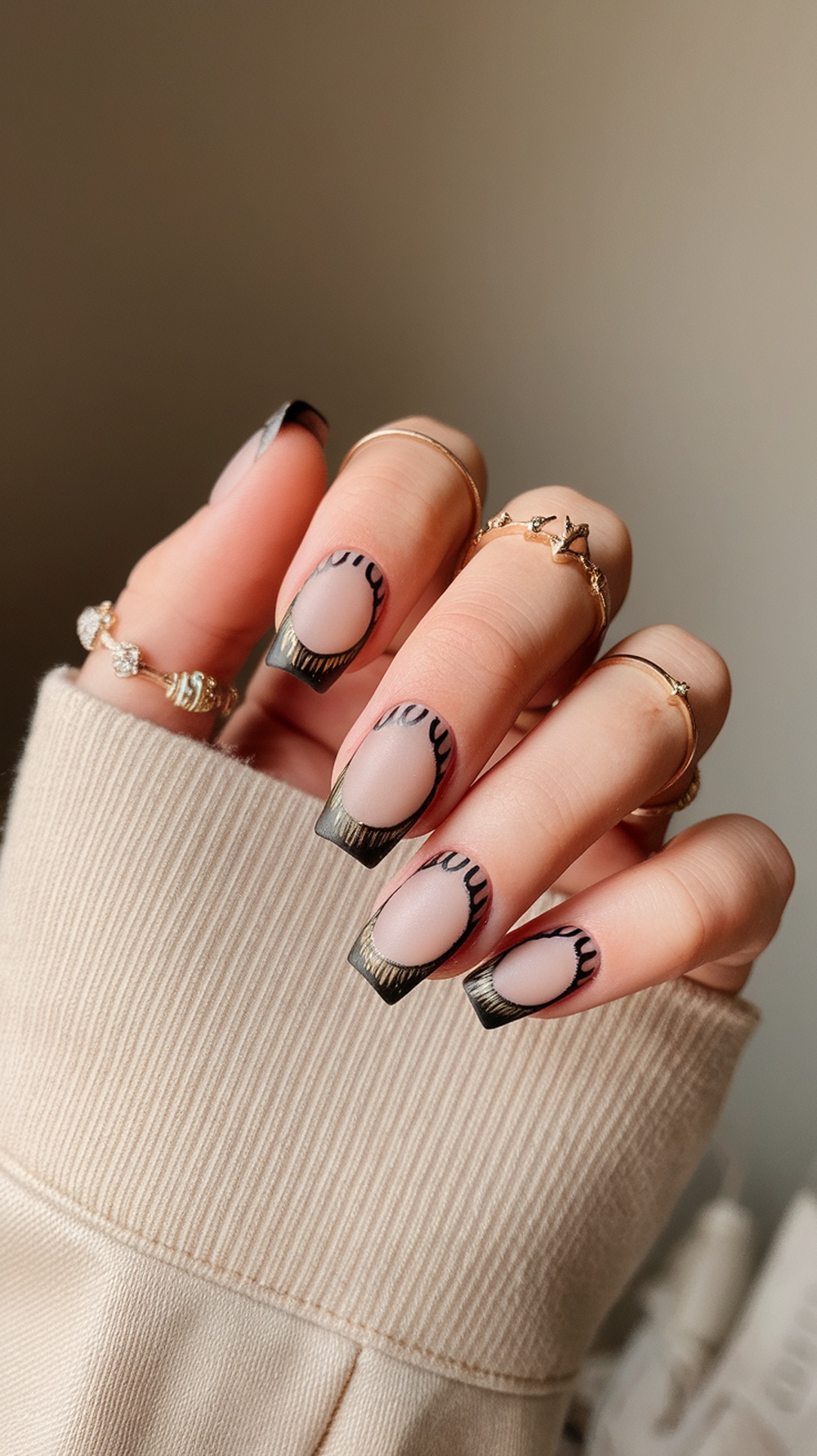 Matte black French tip nails with gold accents, showcasing a stylish design.