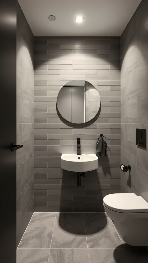 A small bathroom featuring gray matte finish tiles on the wall and floor, with a round mirror and modern sink.
