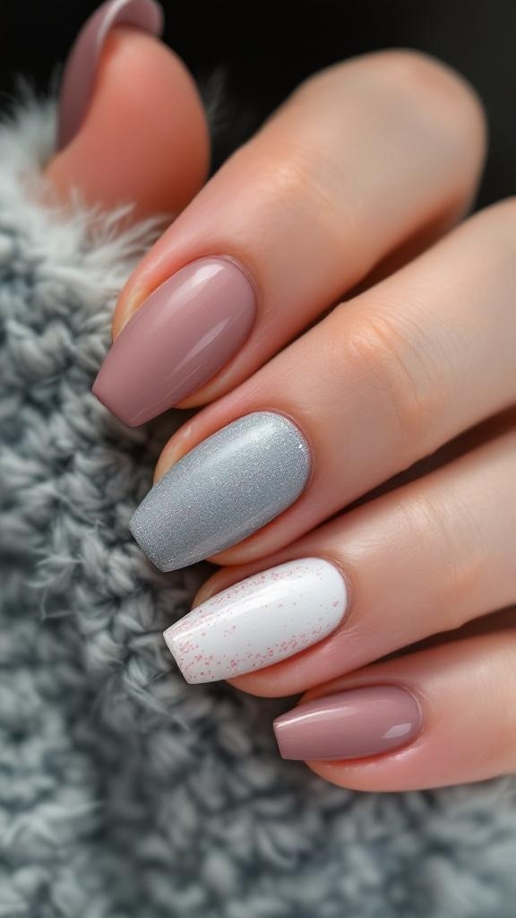 Short nails with a matte finish and glossy accents, featuring elegant patterns.