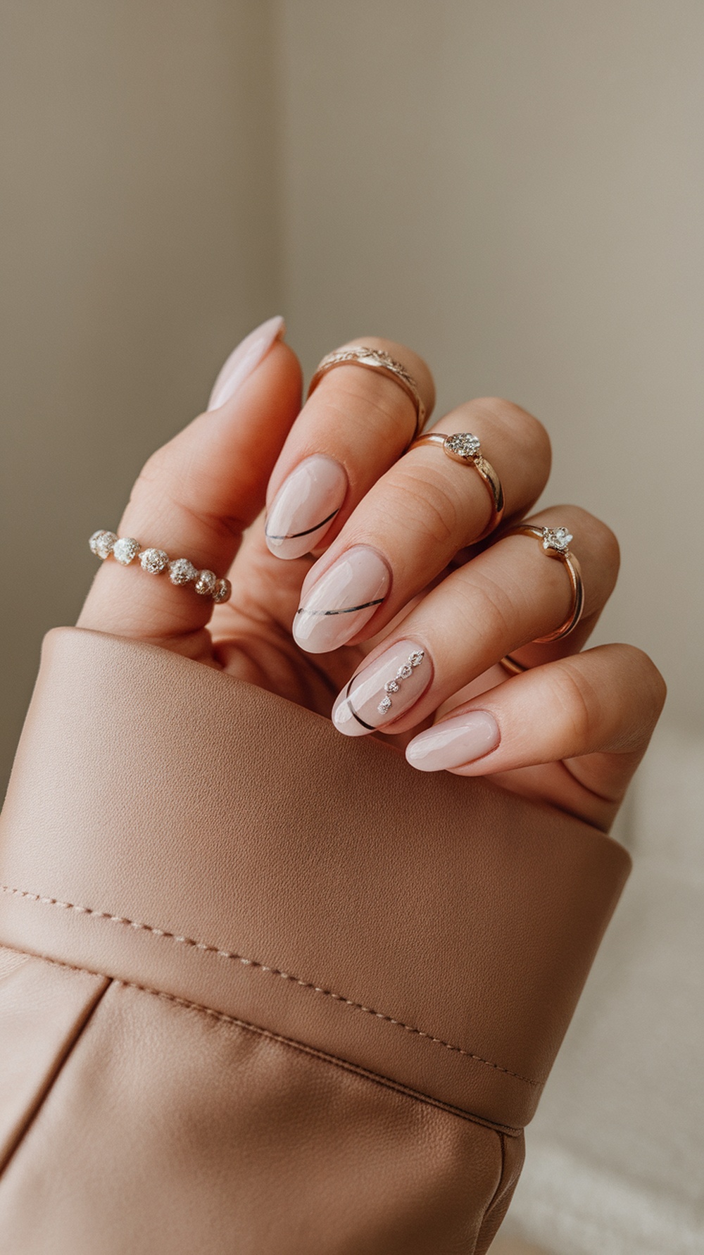 A close-up of a hand with nude matte nails featuring textured elements, adorned with rings.