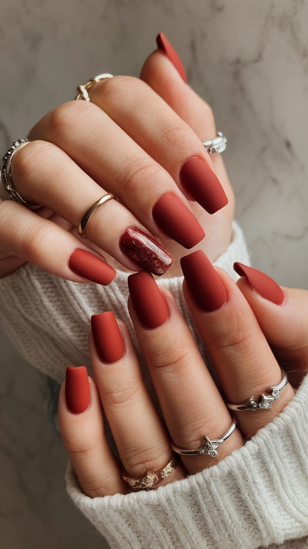 Close-up of hands with matte red nails and one glossy accent nail featuring red glitter.