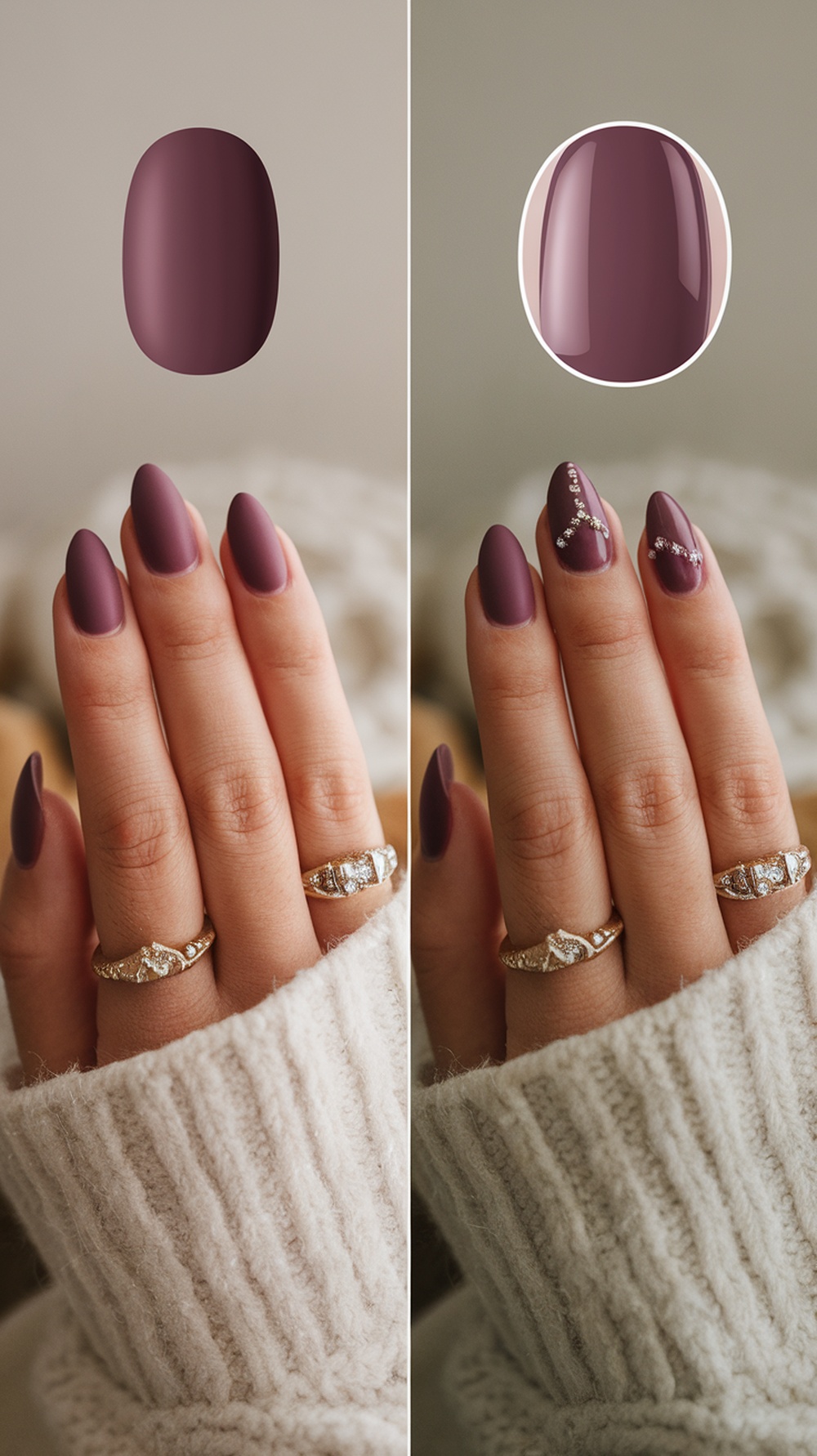 Comparison of matte and glossy plum nail finishes