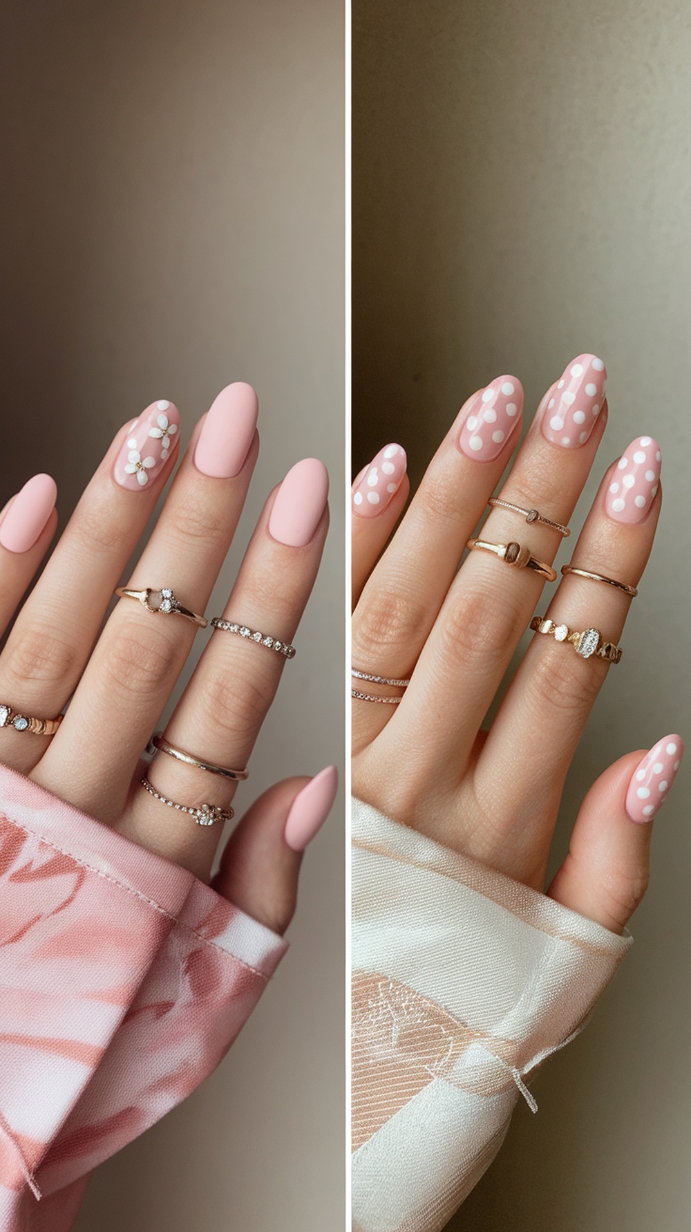 Comparison of matte and glossy soft pink nails with different designs