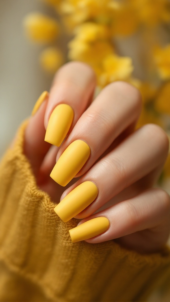 Nails painted in matte yellow finish with a cozy knitted sweater in the background