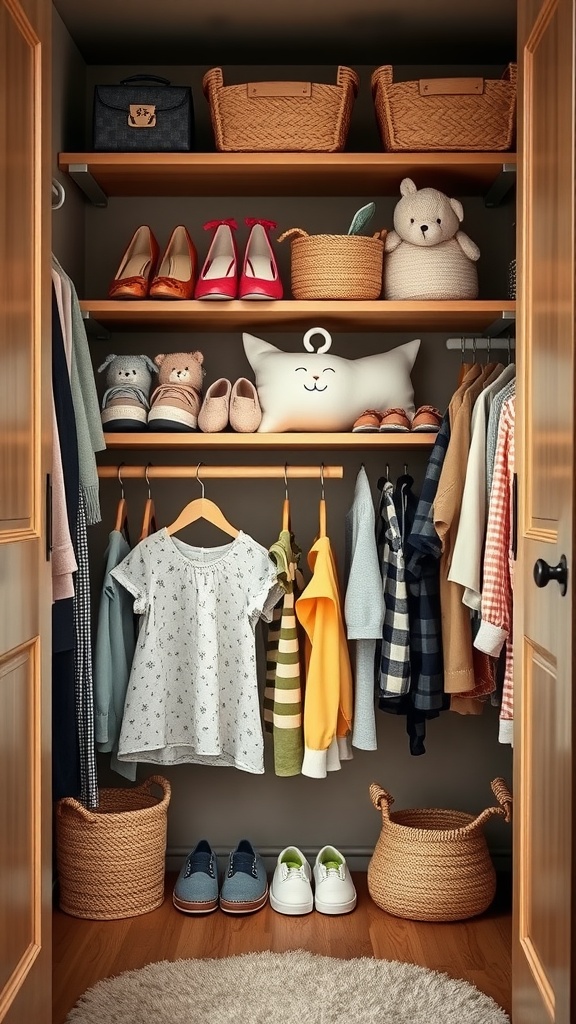 Organized toddler's closet featuring slim hangers, baskets, and various clothing items.