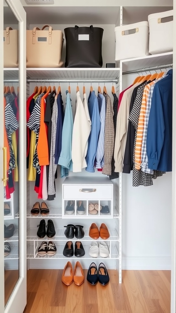Organized closet with hanging clothes, storage boxes, and neatly arranged shoes