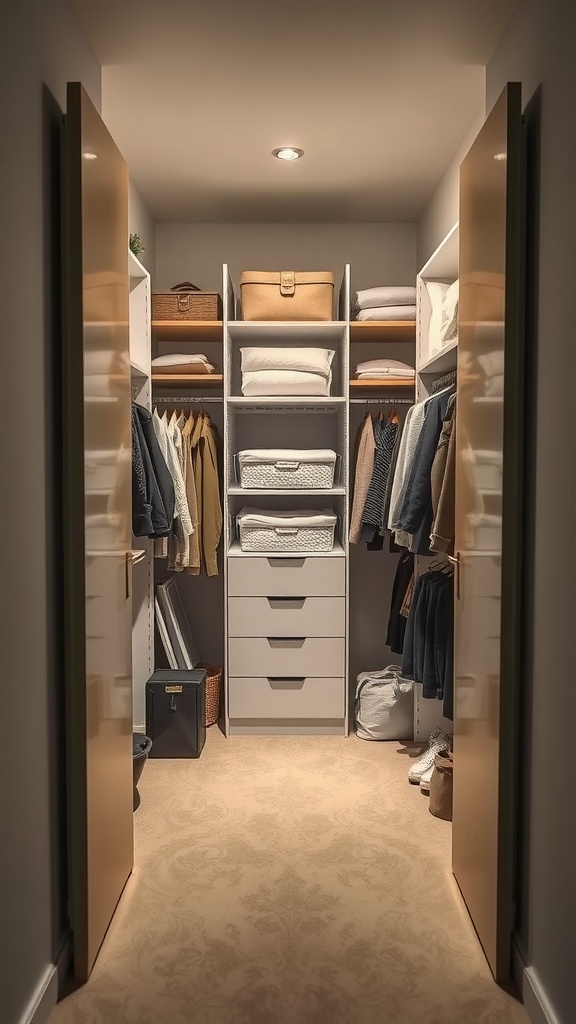 A well-organized narrow closet with shelves, drawers, and clothing neatly arranged.