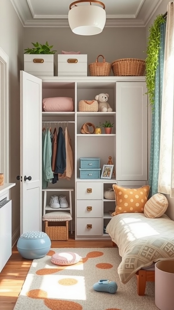 A well-organized kids closet featuring shelves, drawers, and a cozy reading corner.
