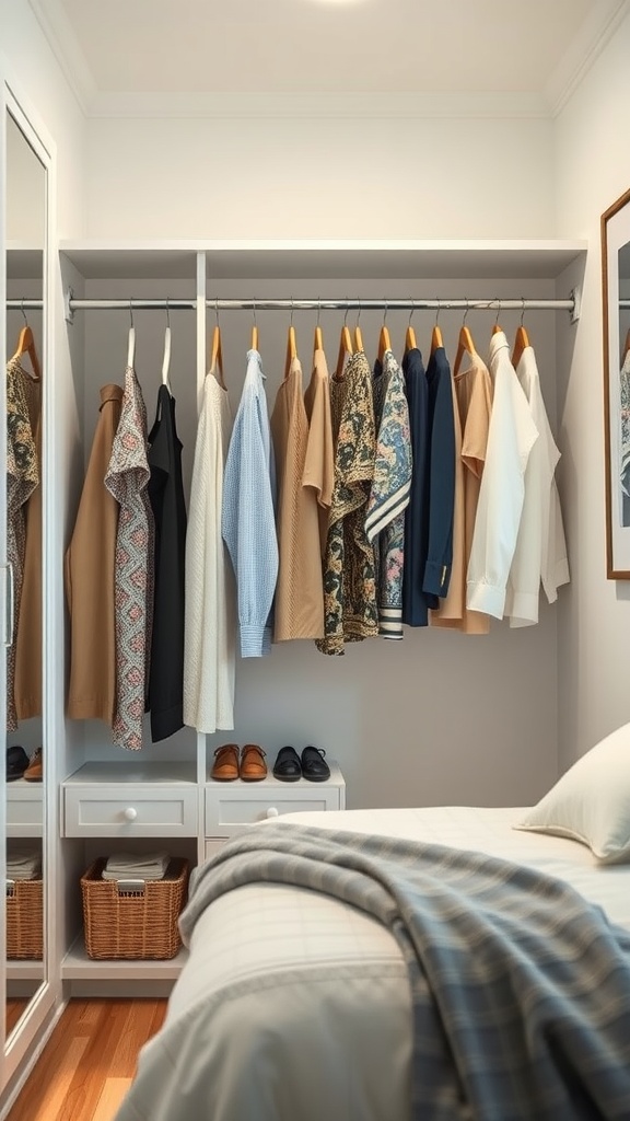 Organized closet with vertical hangers displaying a variety of clothes and storage solutions.