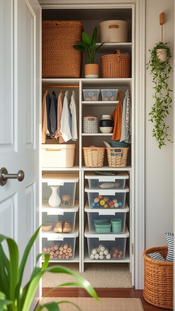 A well-organized kid's closet featuring clear containers and colorful baskets.