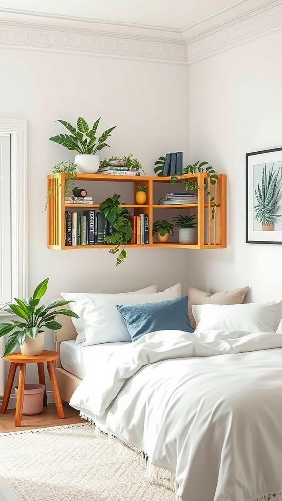 A cozy bedroom featuring a corner shelf with books and plants, showcasing effective use of corner space for storage.