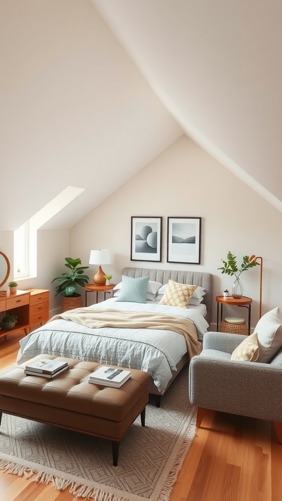 A cozy bedroom with sloped ceiling featuring a bed, ottoman, and plants.