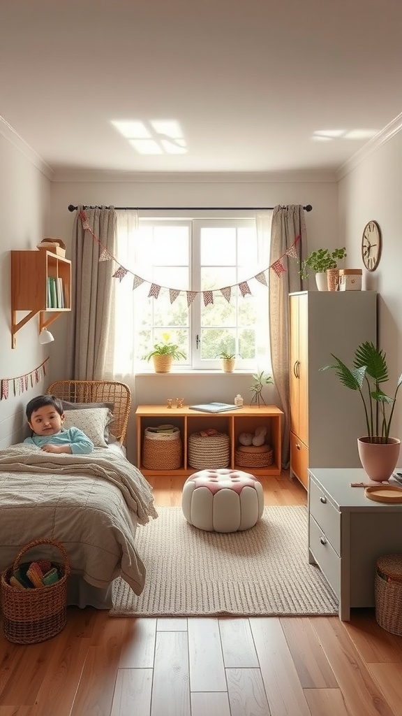 A cozy shared bedroom for kids with a bed, a pouf, and storage baskets.