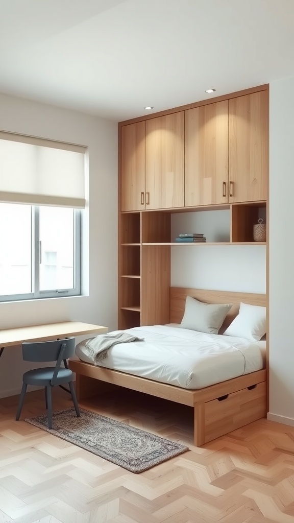 A small bedroom featuring multi-functional furniture including a bed with storage, a desk, and wall-mounted shelves.