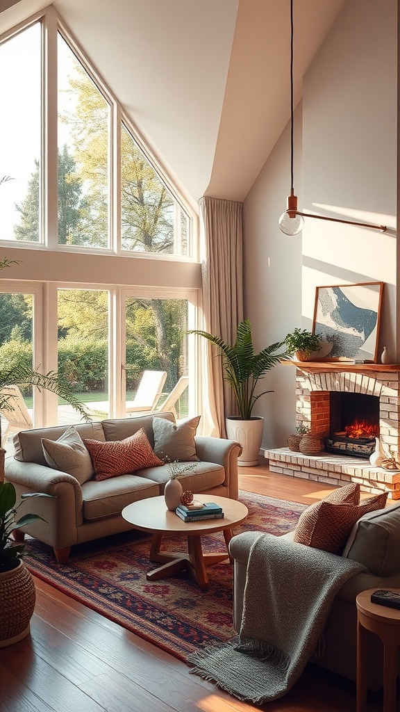 Cozy family room with large windows allowing natural light, a fireplace, and comfortable seating.