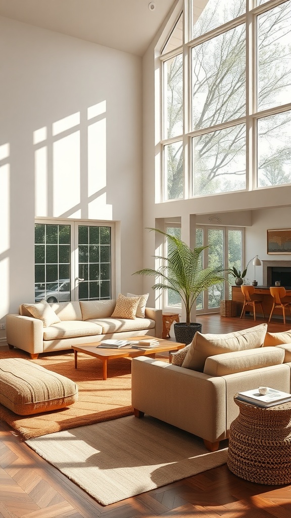 Bright living room with large windows, beige sofas, and natural decor