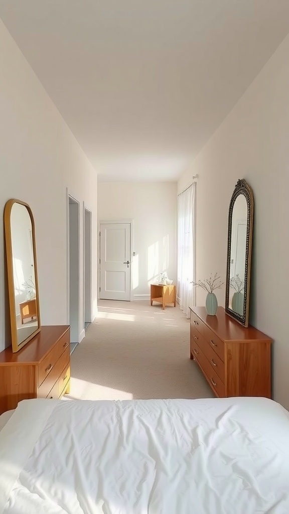 A bright and airy narrow bedroom with mirrors reflecting light, enhancing the natural illumination.