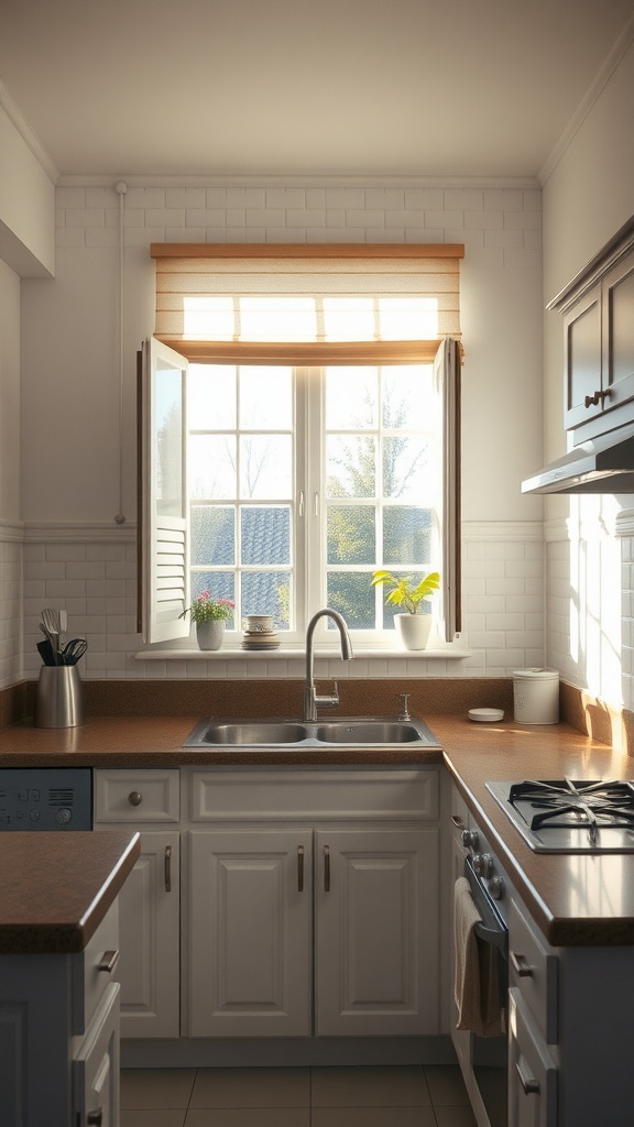 Bright small kitchen with open window and light-colored cabinets