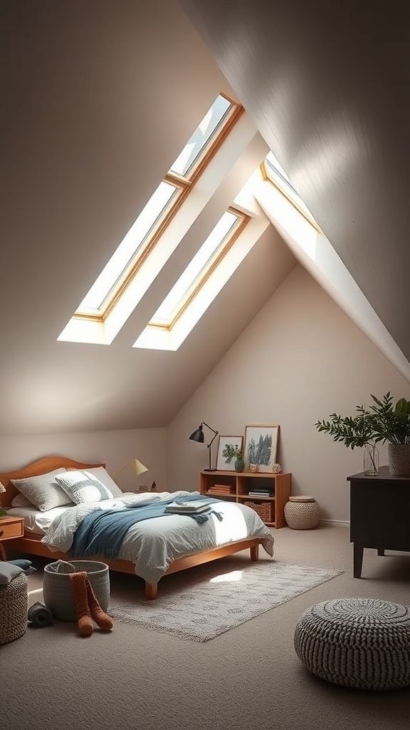 A cozy attic bedroom with angled ceilings and skylights.