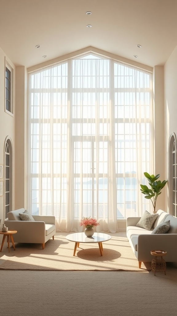 Bright long rectangle living room with large windows and sheer curtains