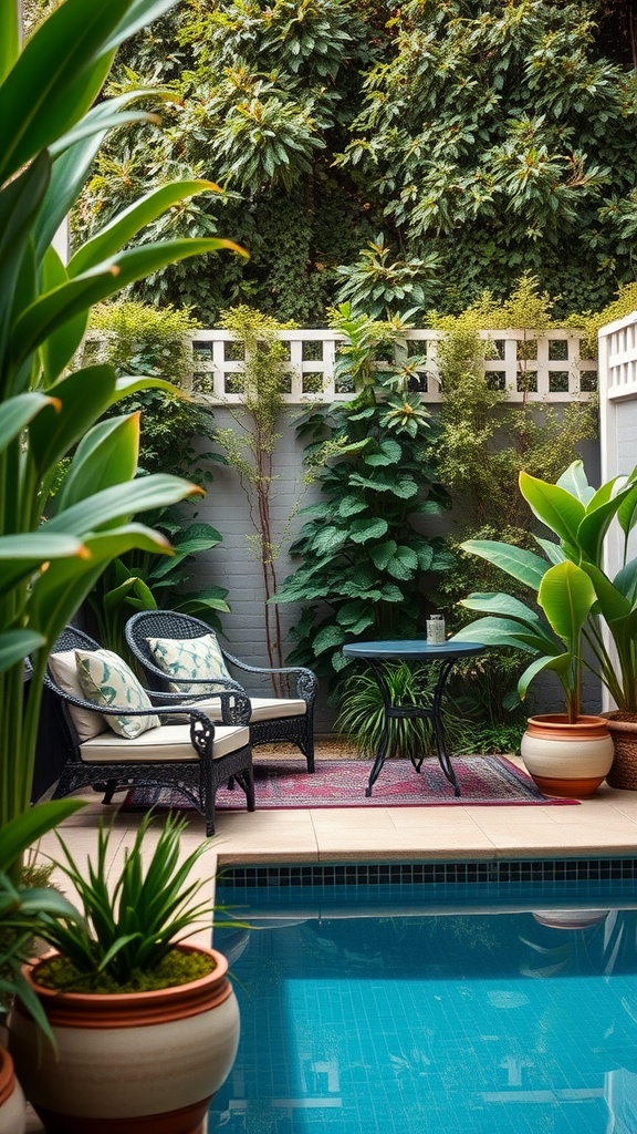 A serene backyard pool area surrounded by lush greenery and comfortable seating.
