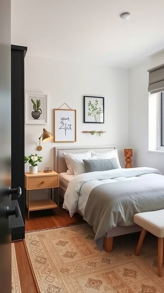 Cozy modern guest bedroom with light colors, small nightstand, plants, and artwork.