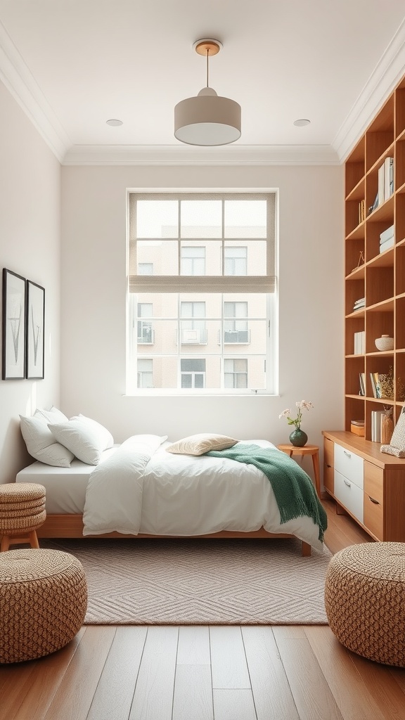 A stylish small bedroom with a bed, wooden shelving, and natural light.