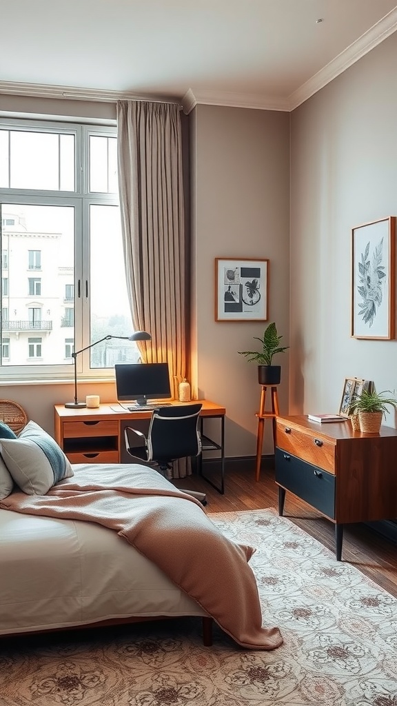A cozy bedroom with a desk setup, showcasing a blend of work and relaxation areas.