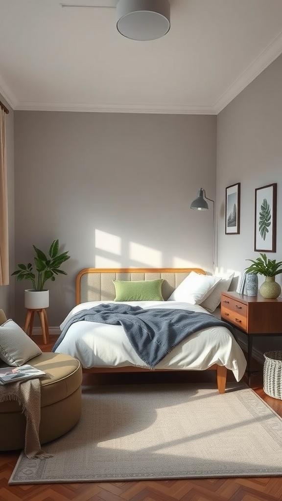 A cozy bedroom featuring a corner bed with soft bedding, plants, and warm wooden accents.