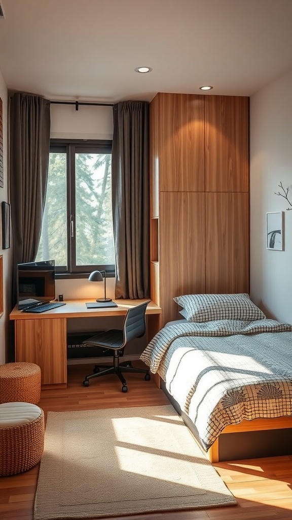 A small bedroom featuring multi-functional furniture, including a desk, bed, and woven ottomans.