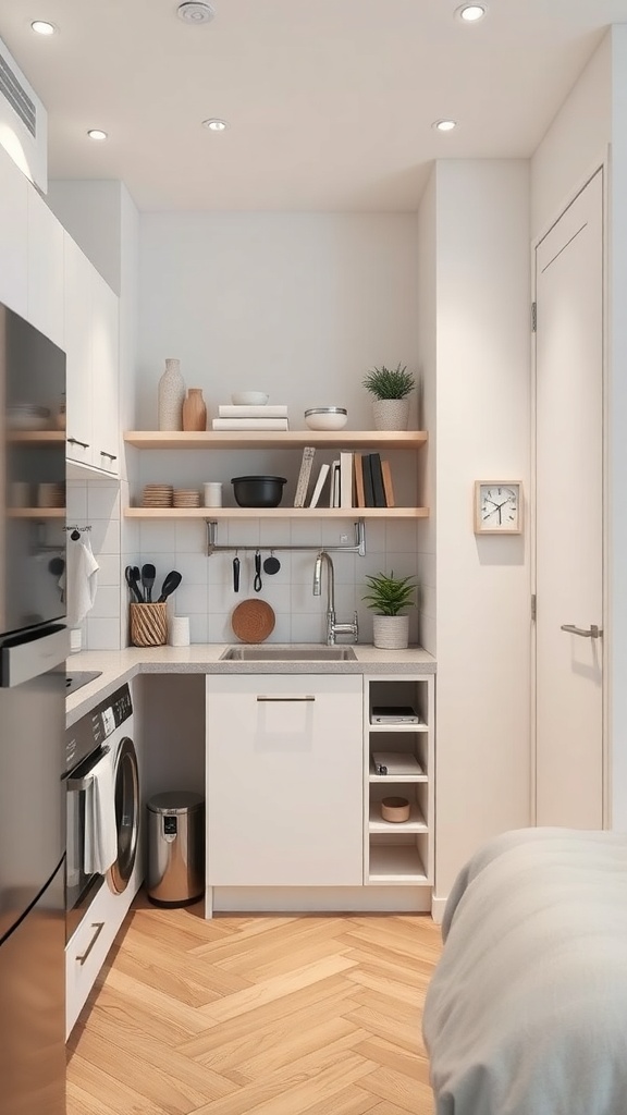 A compact apartment kitchen featuring open shelving, modern cabinetry, and smart storage solutions.