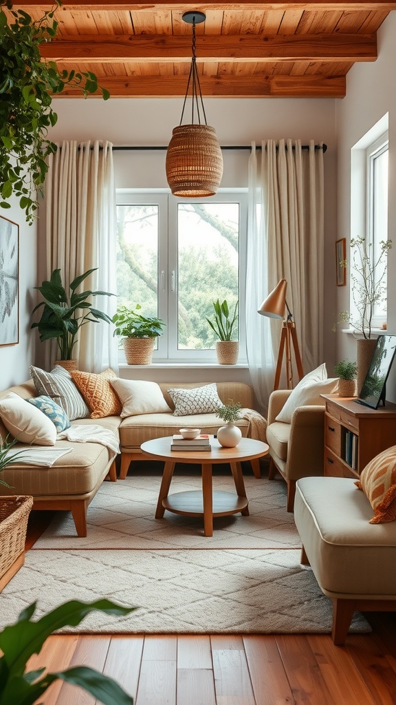 A cozy family room with neutral sofas, a round coffee table, and plants near the window.