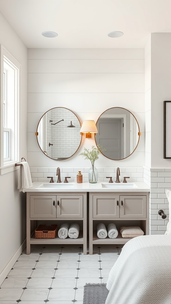 A stylish Jack and Jill bathroom featuring a double vanity with round mirrors, open shelving, and elegant tile flooring.
