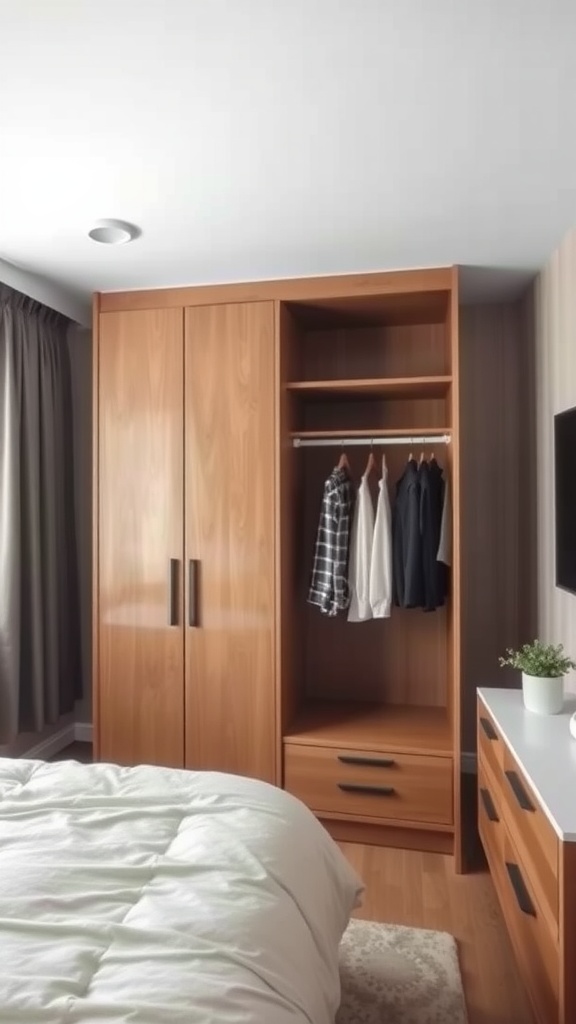 A corner wardrobe in a small bedroom featuring wooden finish, hanging space, and drawers.