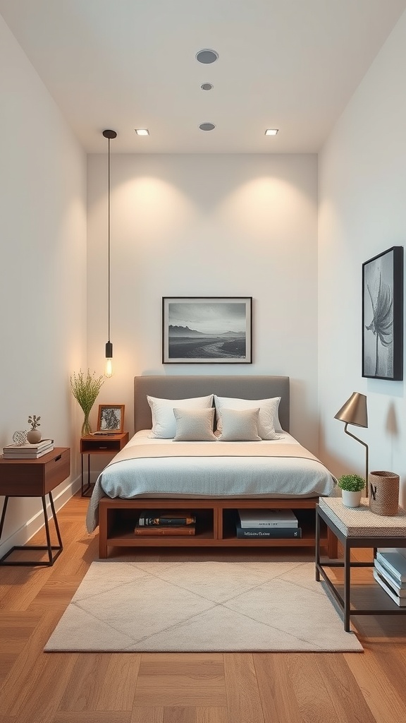 A cozy bedroom layout featuring a vertical bed against the wall with built-in storage underneath, a small nightstand, and warm lighting.