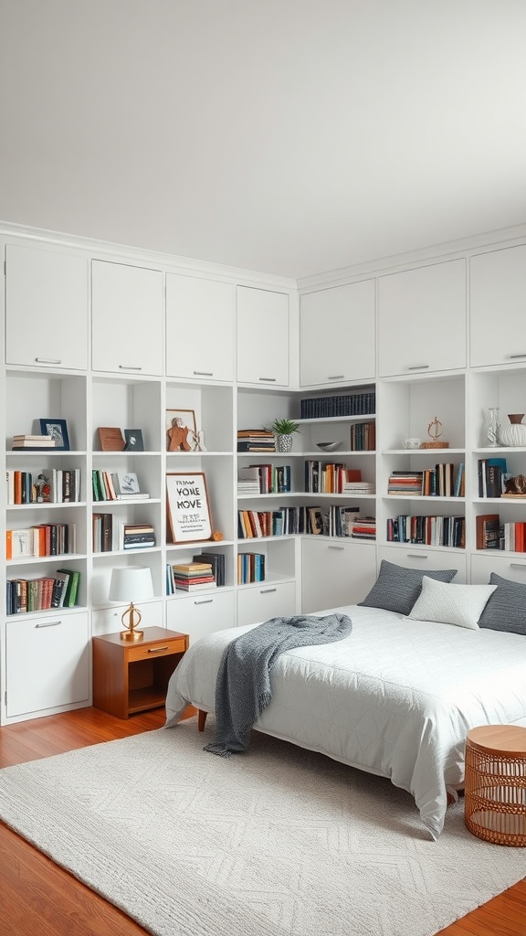 A well-organized L-shaped bedroom with built-in shelves filled with books and decorative items.