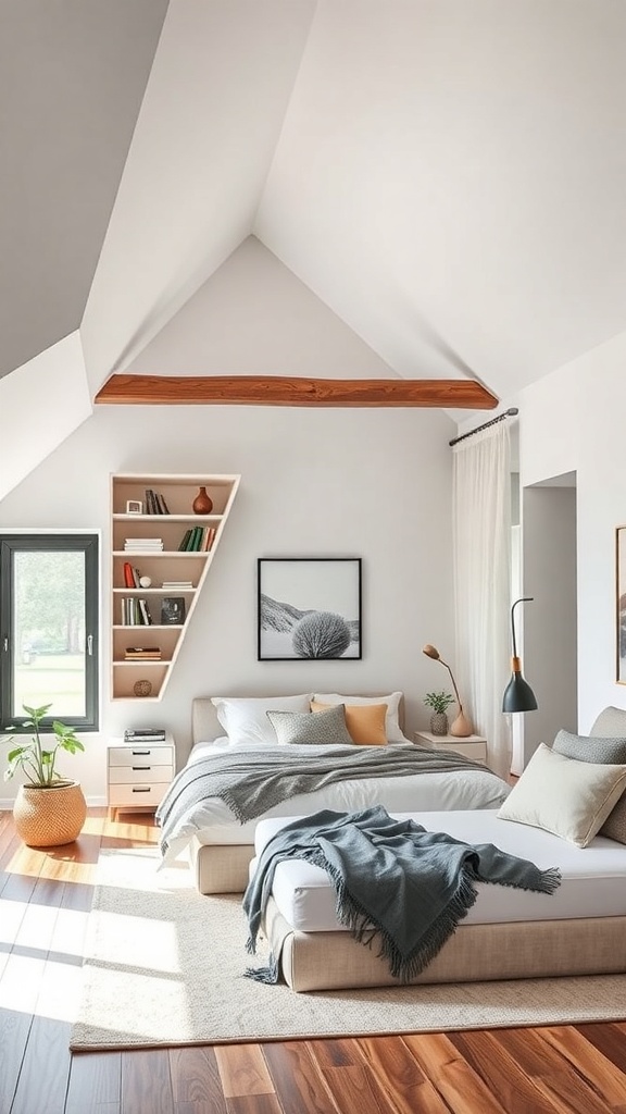 A cozy loft bedroom featuring built-in storage, a slanted ceiling, and warm wooden floors.