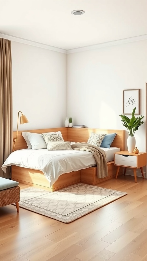 Cozy corner bed setup with wooden frame, pillows, and decorative plant.